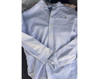 Chemise Ralph Lauren pour garçons 12 manches longues boutonnée en coton rayé bleu poney Vinta