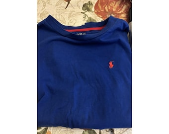 Polo Ralph Lauren Boys Cotton Crewneck Tee Blue Red Shirt Size 14-16 Preppy