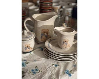 Set di 5 piattini da lattiera/zuccheriera vintage Tienshan in gres a forma di orsetto, anni '80.