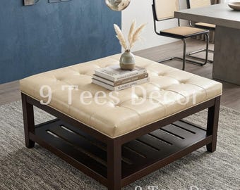 Square Coffee Table Ottoman with Storage, Button Tufted Upholstered Footrest with Wooden Tray and Bottom Shelf, Modern Square Ottoman