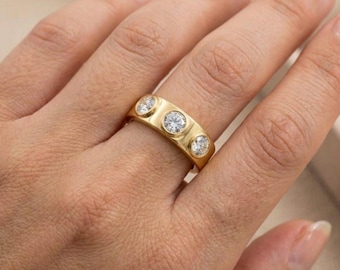 Anillo de tres piedras de moissanita en oro de 18k, alianza gruesa de plata de ley para mamá, joyería de boda para mujer