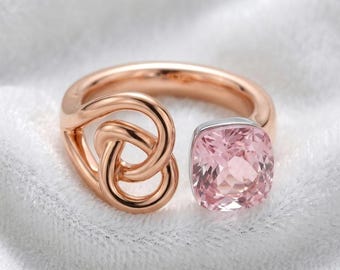 Anello stile Nudo in oro, pietra rosa a cuscino, anello a fascia in argento 925 per lei