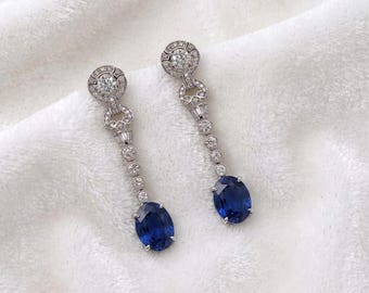 Orecchini premium placcati in oro bianco 14 carati con zaffiro blu sintetico e moissanite per ragazze, orecchini boho in argento da donna, regalo