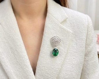 Spilla ovale in argento sterling con smeraldo, placcata in oro 14 carati, con dettagli in zirconi, spilla da bavero da donna.
