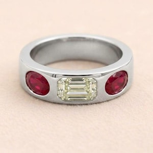 Classic Oval Ruby gemstone ring , octagon cut diamond 14k gold Ring, three stones nudo style Chunky Band for women