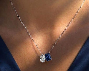 Collana con ciondolo Toi et Moi in argento sterling, lussuosa collana con moissanite e zaffiro blu sintetico per lei