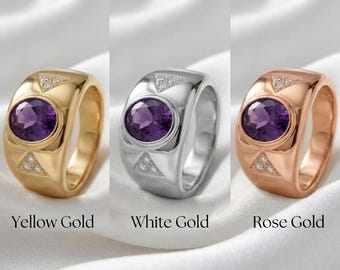 Anello da donna in argento placcato oro 18 carati con ametista ovale e moissanite incastonata a pavé, stile nudo, fascia spessa.