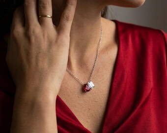 Collana Toi et Moi in argento sterling con moissanite e rubino sintetico, pietre preziose per ragazze.