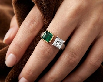 Splendido anello da donna in argento 925 placcato oro 18 carati, anello di fidanzamento a fascia con smeraldo e moissanite per lei