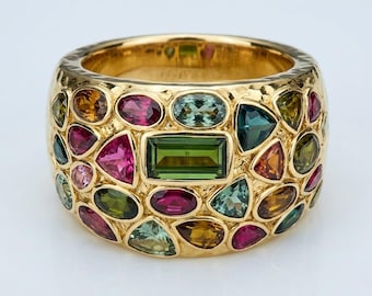 Anello Art Déco con tormaline multicolori, anello massiccio in argento sterling placcato oro 18 carati
