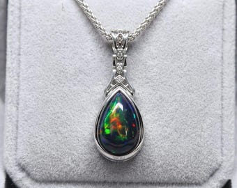 Collana con ciondolo a forma di pera in opale etiope, argento sterling 925 placcato oro bianco 14 carati, gioiello con ciondolo, regalo di anniversario per lei.