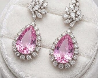 Lussuosi orecchini da donna in argento sterling 925 placcati in oro bianco 14 carati con quarzo rosa e moissanite per ragazze, grandi orecchini da sposa per donna