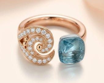 Anello di lusso in oro 18 carati con topazio blu e moissanite, perfetto come regalo di anniversario per le donne.