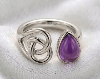 Anello di fidanzamento a forma di nodo in oro bianco 14 carati per lei, con pietra di ametista naturale, stile nudo, anello in argento da donna