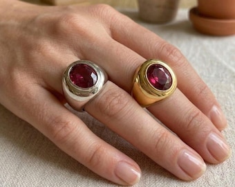 Anello a cupola massiccio in argento sterling placcato oro 18 carati di altissima qualità, anello per indice con rubellite e tormalina ovale per lei