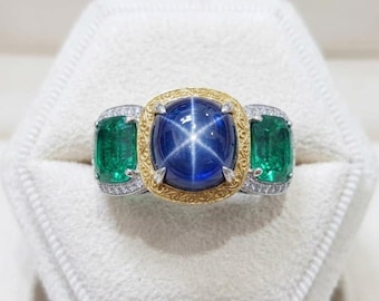 Anello di fidanzamento con smeraldo e zaffiro, anello con pietre preziose multiple, anello massiccio in argento sterling placcato oro 14 carati con moissanite occhio di gatto.