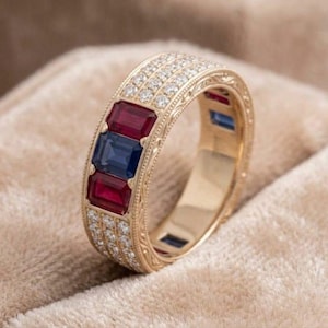 Ruby sapphire and Moissanite 18k Gold plated wide band , multi stones stackable wedding ring