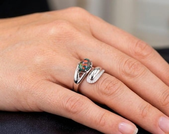 Anello di lusso placcato oro 18 carati con opale nero, anello largo con moissanite per donna, anello vistoso boho in argento 925 di forma ovale