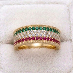 Four Row Pave moissanite ruby Emerald wide ring for her ,18k gold plated Sterling Silver Band for wedding