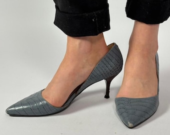 Vintage Nine West Mayio Heels - Dusty Blue Crop Embossed- Size 8