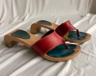 Vintage Le Plagiste Wooden Clog Sandals - Red Leather, EU 36 (Fits US 7)