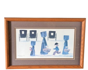 Diane Graebner Framed Print Blue Barn Raising Lunch Amish Folk Art 1988 Signed