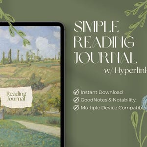 Könnte beinhalten: Digitales Lesetagebuch auf einem Tablet. Das Cover zeigt ein Landschaftsgemälde. Der Text "SIMPLE READING JOURNAL w/Hyperlinks" ist zu sehen. Weitere Texte sind "Instant Download," "GoodNotes & Notability," und "Multiple Device Compatible."