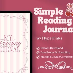 Könnte beinhalten: Ein digitales Lesetagebuch auf einem Tablet. Das Tagebuch hat einen rosa-weiß gestreiften Hintergrund mit dekorativen Schleifen. Der Text auf dem Tagebuch lautet "My Reading Journal". Der Hintergrund zeigt den Text "Simple Reading Journal" und "w/ Hyperlinks."