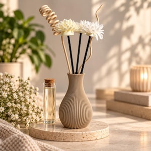 Könnte beinhalten: Eine beige gerippte Vase mit zwei weißen blumenförmigen Diffusoren, zwei schwarzen Stäbchen und einem spiralförmigen Holzstab. Neben der Vase steht eine kleine, mit Flüssigkeit gefüllte Glasflasche mit einem Korkverschluss auf einem Steinsockel.