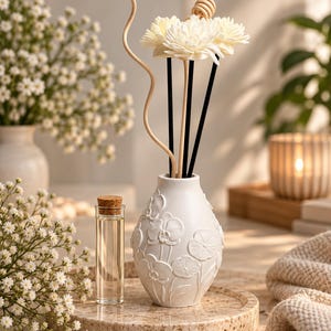 Pode incluir: Um vaso difusor de cerâmica branca com padrões florais de orquídeas em relevo, contendo varetas pretas e de madeira clara com flores brancas no topo. Um pequeno frasco de vidro transparente com rolha de cortiça está ao lado do vaso.