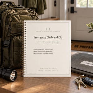 May include: A spiral-bound Emergency Grab-and-Go family preparedness organizer with a cream cover, featuring black text, bullet points, and a minimalist design. The notebook is surrounded by an olive green backpack, a flashlight, and keys.