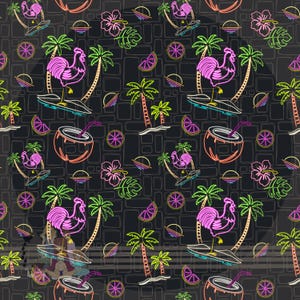 May include: A repeating pattern featuring neon illustrations of a rooster surfing, palm trees, coconuts, hibiscus flowers, and citrus slices. The design has a black background with a brick-like texture, and the neon colors include pink, green, orange, and purple.