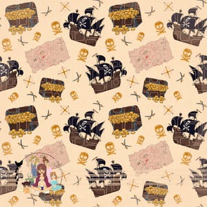 May include: A repeating pattern featuring pirate ships with black sails and skull and crossbones flags, treasure chests overflowing with gold coins, maps, skulls, and crossbones on a beige background. The design has a cartoonish, whimsical style.