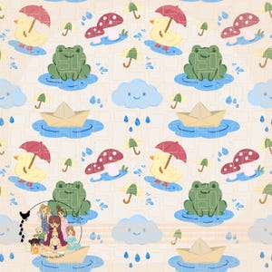 May include: A repeating pattern featuring cartoon illustrations of a yellow duck with a red umbrella, a green frog, red and white mushrooms, paper boats, and smiling clouds. Raindrops and small green umbrellas are also scattered throughout the design.