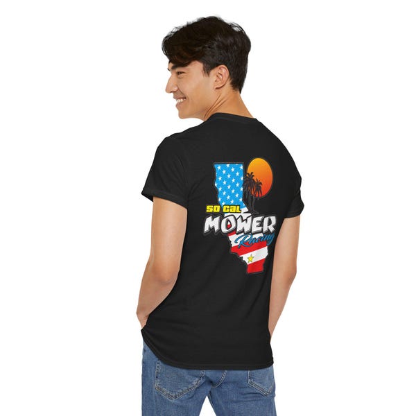 So Cal Mower Racing T-Shirt | California flag palm sunset graphic