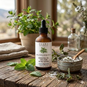 May include: A brown glass bottle of peppermint essential oil with a black dropper, labeled "OLARA NATURALS". The label reads "PEPPERMINT ESSENTIAL OIL 100% PURE GC-MS TESTED MADE IN NEVADA 1.69 fl oz / 50 ml". Fresh mint leaves and a small bowl of salt are also on the wooden surface.