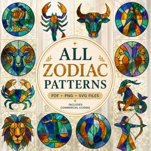 May include: A collection of colorful stained-glass zodiac patterns. Each circular design features a different astrological symbol, including a ram, crab, and lion. The central text reads "ALL ZODIAC PATTERNS" with file type details.