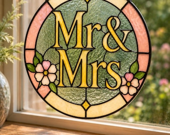 Motif attrape-soleil en vitrail de M. et Mme : décoration florale de mariage (téléchargement numérique)