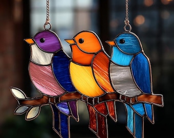 Padrão de vitral: Três pássaros geométricos em um galho (Download digital)