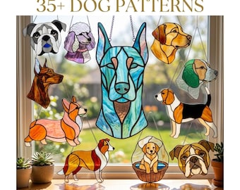 Pacote com mais de 35 modelos de vitrais geométricos com tema de cachorros para pendurar na janela (download em PDF)