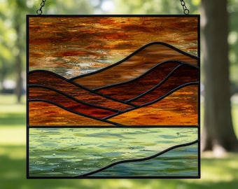 Padrão de Vitral com Paisagem de Montanha – Design Minimalista para Apanhador de Sol (Download Digital)