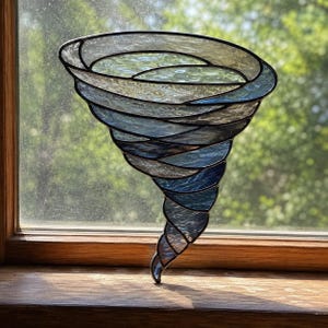 Può includere: Un acchiappasole in vetro colorato a forma di tornado, caratterizzato da pannelli di vetro testurizzato in tonalità trasparenti, blu chiaro e blu scuro, uniti da linee di saldatura in metallo scuro che creano una struttura a imbuto.