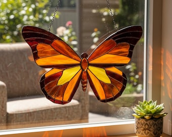 Padrão de vitral de borboleta monarca, apanhador de sol geométrico (download digital)