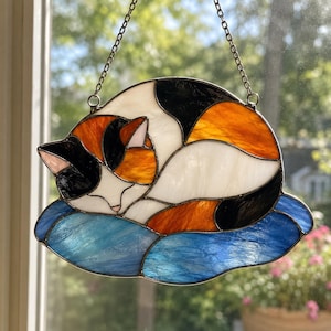 Mönster för målat glas av kalikötkatt, solfångare för sovande katt, mall för husdjursälskare