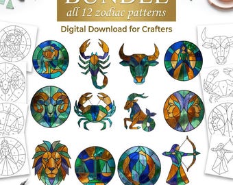 Pacote de Moldes de Vitrais do Zodíaco: 12 Moldes de Vitral com Signos Astrológicos (Download Digital)