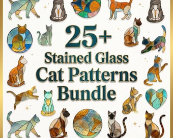 Cat Stained Glass Patterns Bundle, Suncatcher Templates, PDF PNG SVG Digital Download Commercial Use