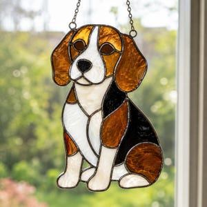 Pode incluir: Um apanhador de sol de vitral em forma de cão beagle sentado. A peça apresenta vidro texturizado em tons de âmbar, branco e preto, unidos por linhas de solda de metal escuro. Uma corrente de metal está presa ao topo para pendurar.