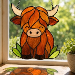 May include: Stained glass Highland cow window decoration. The artwork depicts a smiling cow in shades of brown and orange, with white horns and green leaves. It is suspended by a black chain. The cow's shadow is visible on the wooden surface.