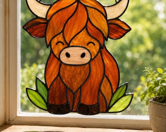 Modèle de vitrail vache Highland : modèle attrape-soleil ferme rustique (SVG PDF PNG)