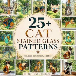 Puede incluir: Una colección de patrones de gatos de vidrieras. La imagen presenta varios diseños de gatos en diferentes colores y estilos, incluyendo patrones geométricos y en forma de corazón. El texto central dice "25+ CAT STAINED GLASS PATTERNS". Incluye licencia comercial.